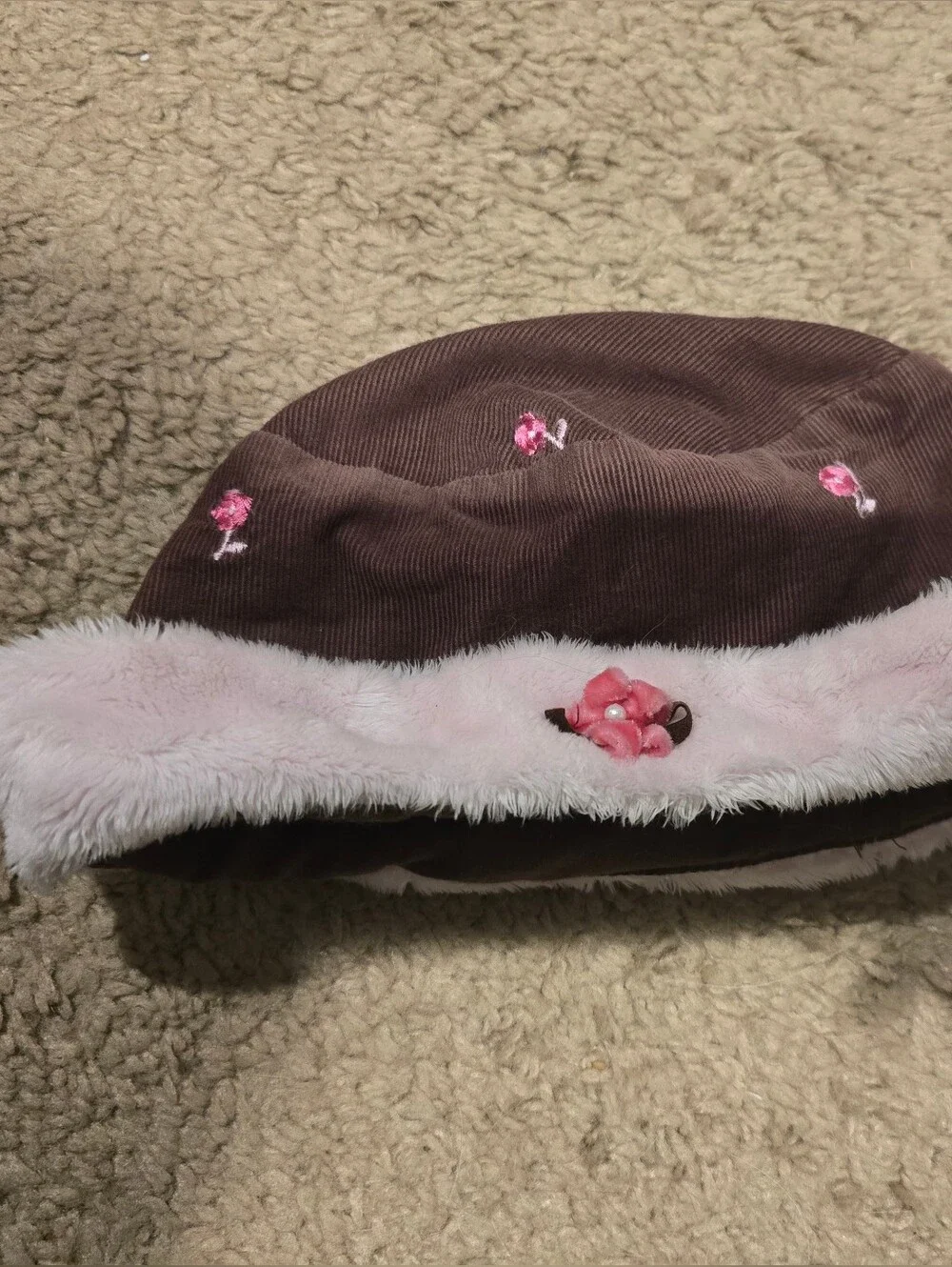 Kids Brown Corduroy Hat with Pink Faux Fur Trim